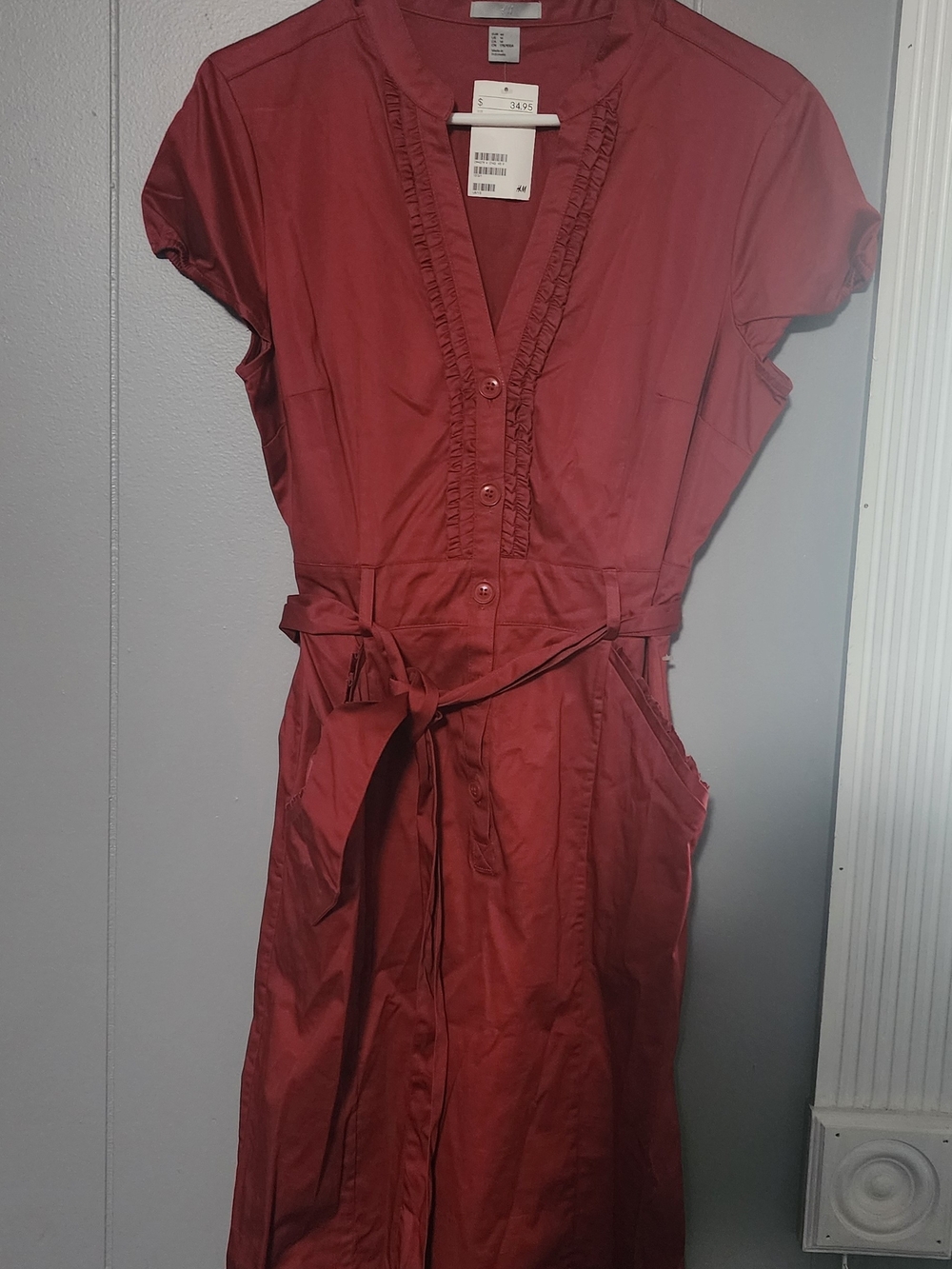 H&M Rust Red Button-Front Midi Dress with Waist Tie
